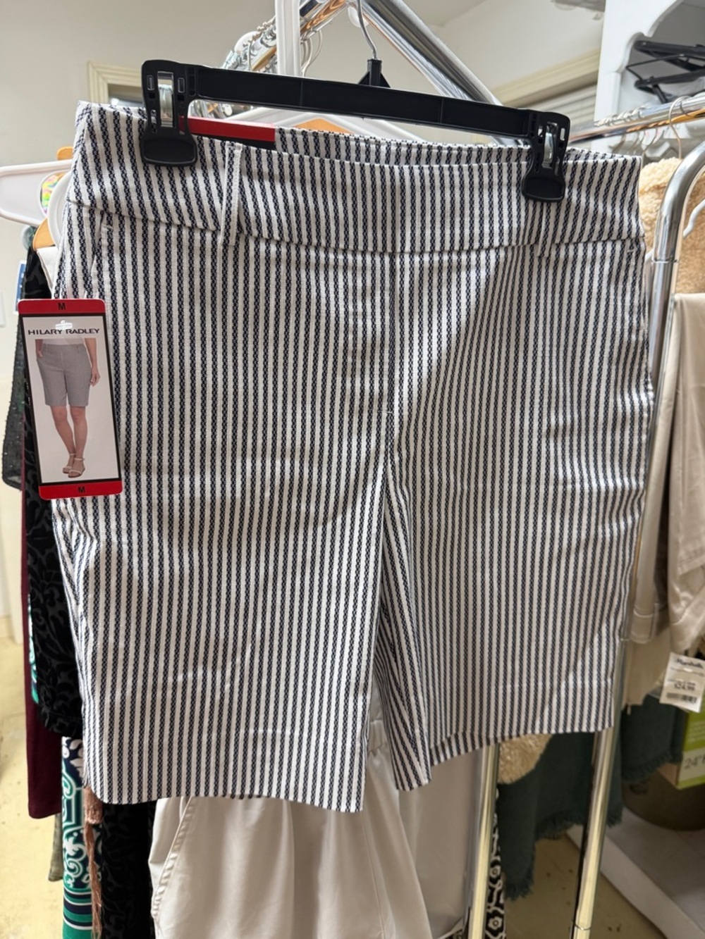 Hilary Radley Navy Blue and White Vertical Stripe Pull-on Bermuda Shorts - NWT